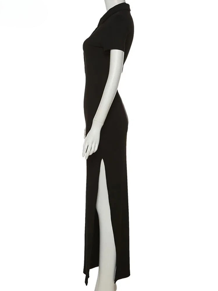 Chic Black Polo Midi Dress – Effortless Fit, Elegant Mood