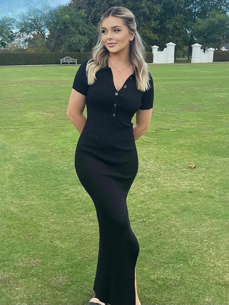 Chic Black Polo Midi Dress – Effortless Fit, Elegant Mood