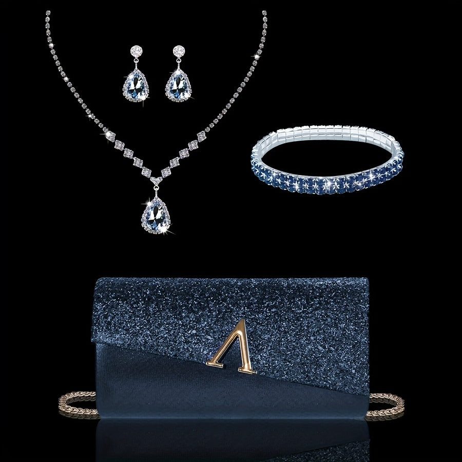 Blue & Gold Luxury Jewellery & Clutch Set – Necklace, Earrings, Bracelet & Evening Bag
