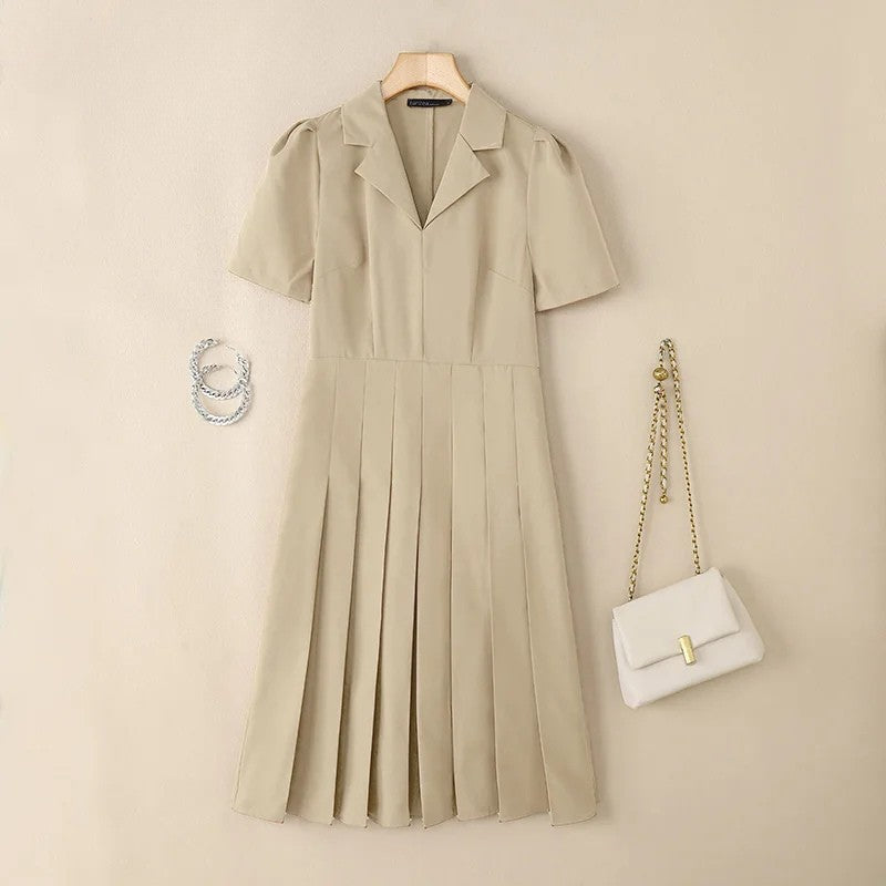 Pleated Midi Dress for Women – Elegant Office Style with Notched Collar