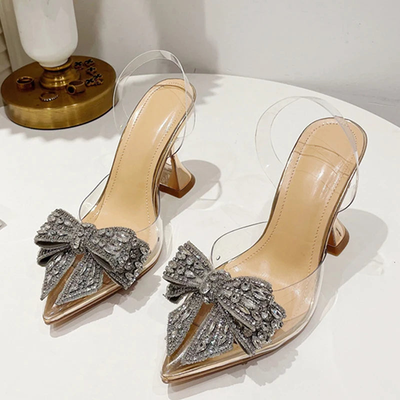 Sparkling Bow Transparent Stiletto Heels – Glamorous Evening Shoes