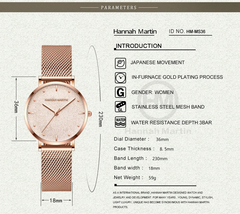 Hannah Martin Rose Gold Mesh Watch – Elegant Women’s Luxury Timepiece
