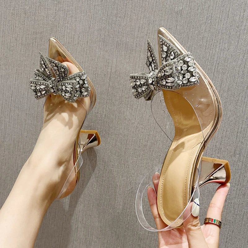 Sparkling Bow Transparent Stiletto Heels – Glamorous Evening Shoes