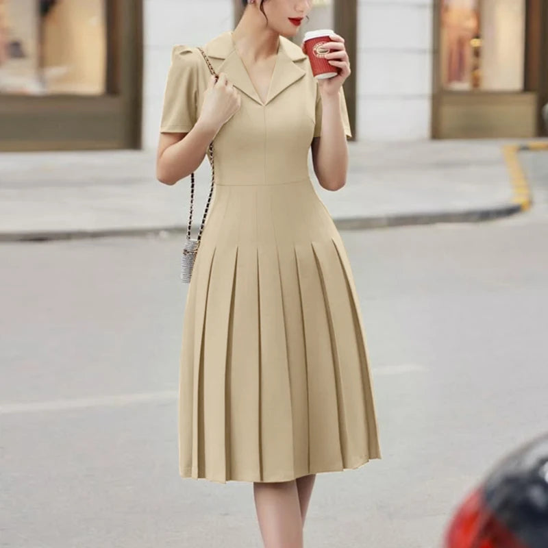 Pleated Midi Dress for Women – Elegant Office Style with Notched Collar