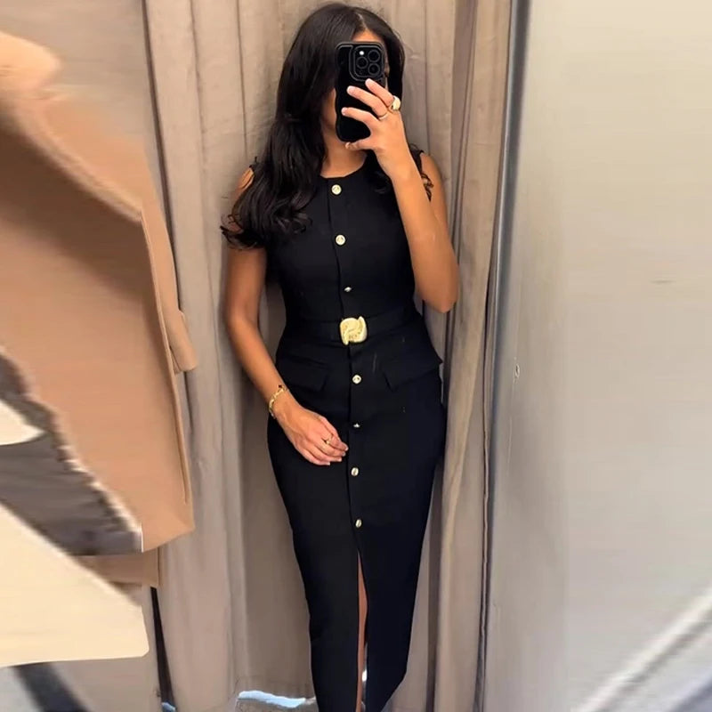 Elegant Sleeveless Belted Button-Down Midi Dress – Chic Summer & Spring Workwear UK