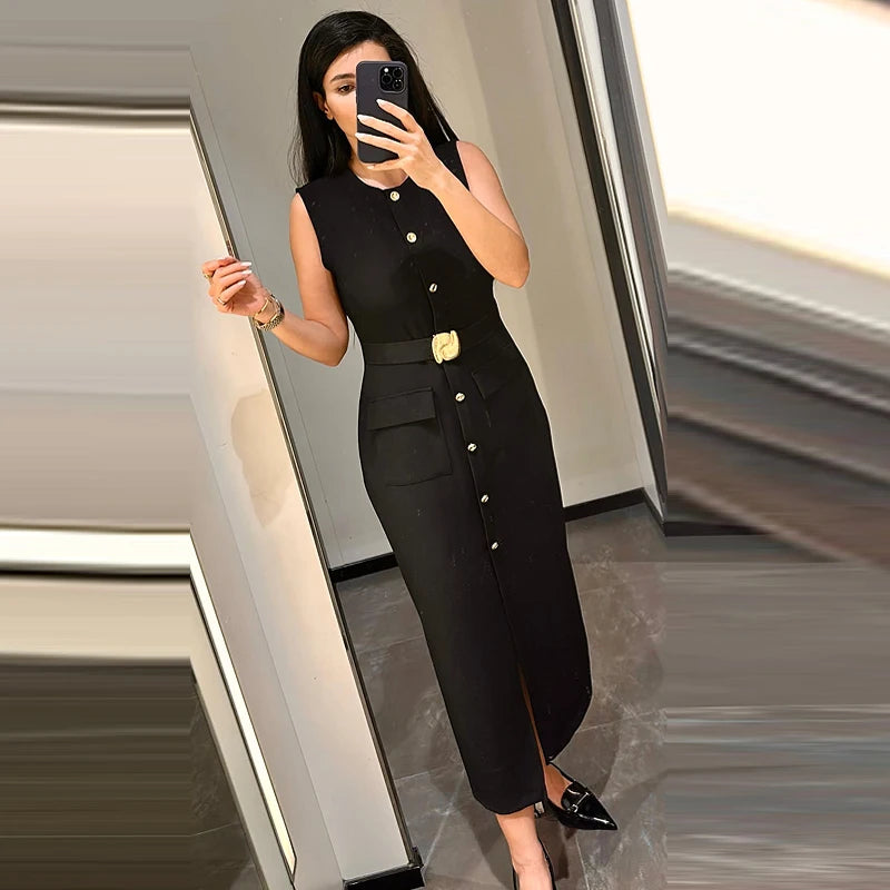 Elegant Sleeveless Belted Button-Down Midi Dress – Chic Summer & Spring Workwear UK