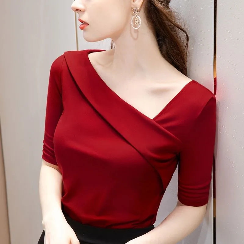 Elegant Off-Shoulder Red Blouse – Sophisticated Women’s Spring Summer Top