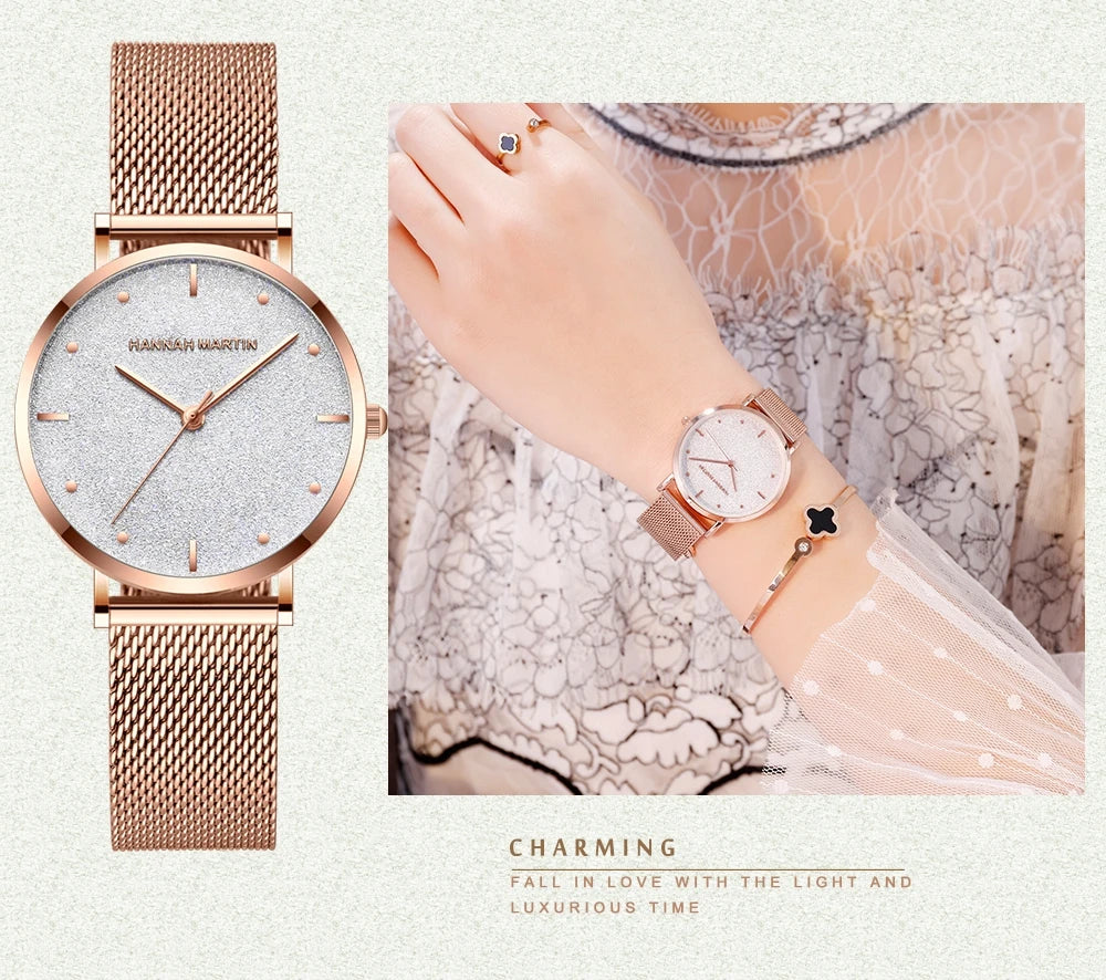 Hannah Martin Rose Gold Mesh Watch – Elegant Women’s Luxury Timepiece