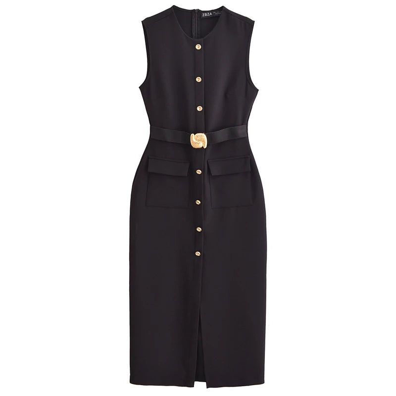 Elegant Sleeveless Belted Button-Down Midi Dress – Chic Summer & Spring Workwear UK