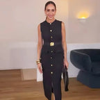 Elegant Sleeveless Belted Button-Down Midi Dress – Chic Summer & Spring Workwear UK