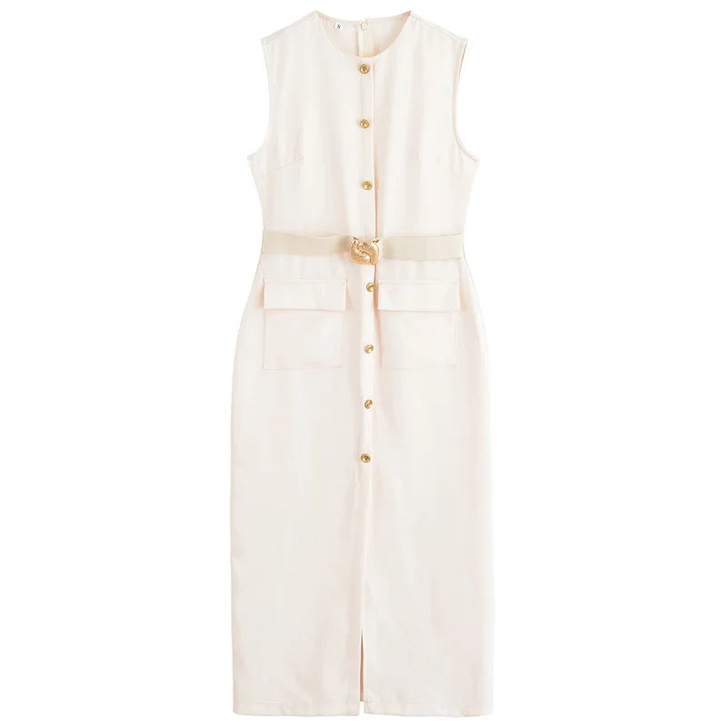 Elegant Sleeveless Belted Button-Down Midi Dress – Chic Summer & Spring Workwear UK