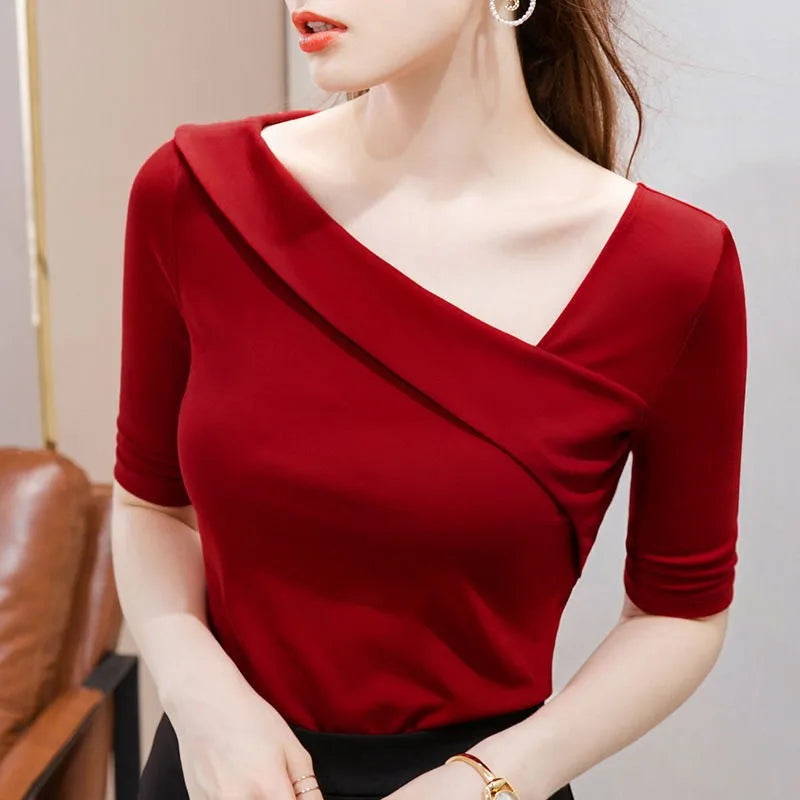 Elegant Off-Shoulder Red Blouse – Sophisticated Women’s Spring Summer Top