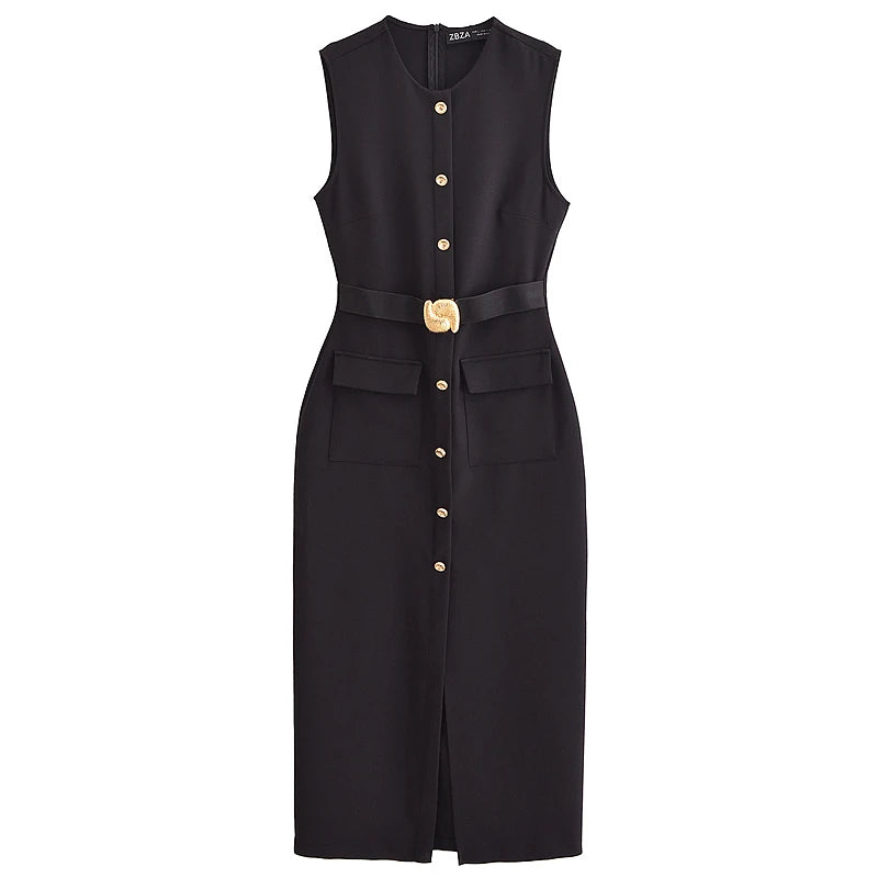 Elegant Sleeveless Belted Button-Down Midi Dress – Chic Summer & Spring Workwear UK