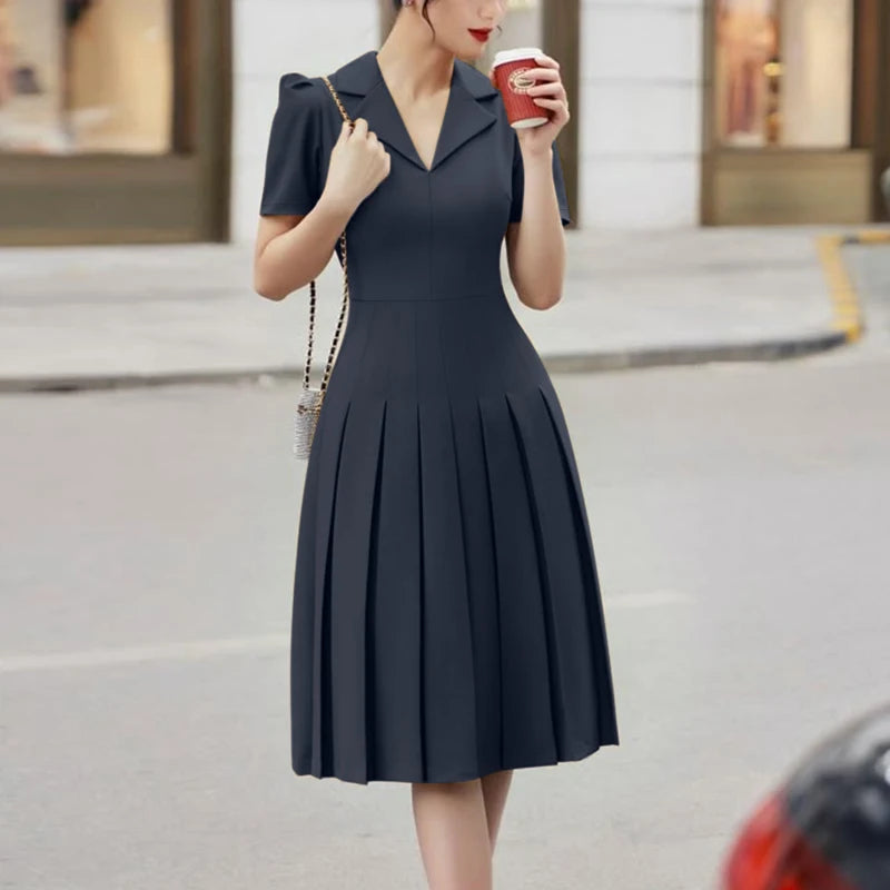 Pleated Midi Dress for Women – Elegant Office Style with Notched Collar