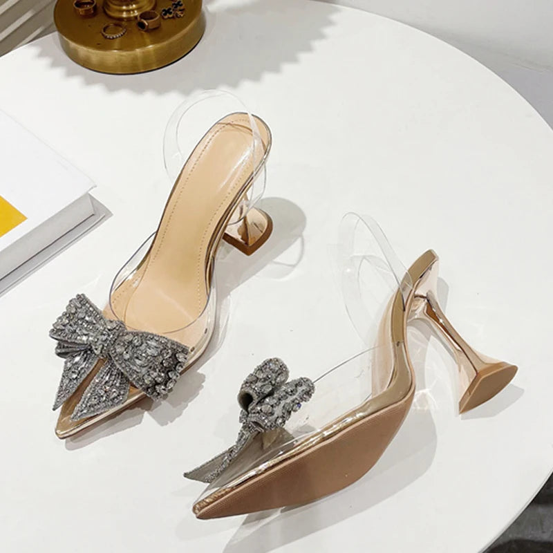 Sparkling Bow Transparent Stiletto Heels – Glamorous Evening Shoes