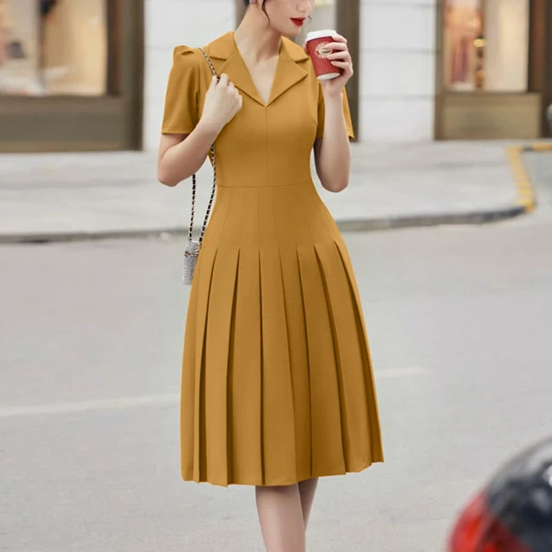 Pleated Midi Dress for Women – Elegant Office Style with Notched Collar