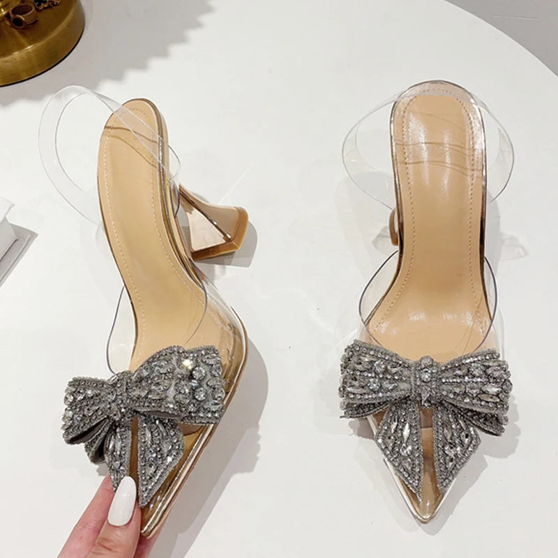 Sparkling Bow Transparent Stiletto Heels – Glamorous Evening Shoes