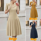 Pleated Midi Dress for Women – Elegant Office Style with Notched Collar