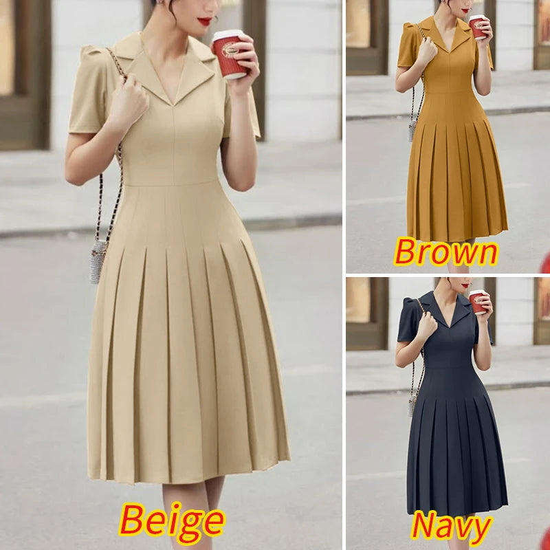 Pleated Midi Dress for Women – Elegant Office Style with Notched Collar