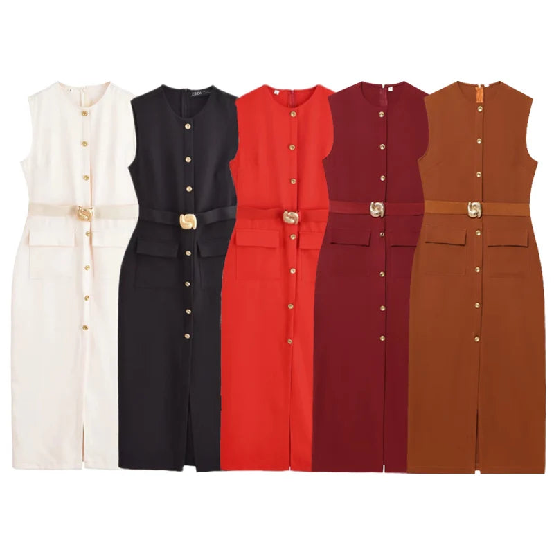 Elegant Sleeveless Belted Button-Down Midi Dress – Chic Summer & Spring Workwear UK