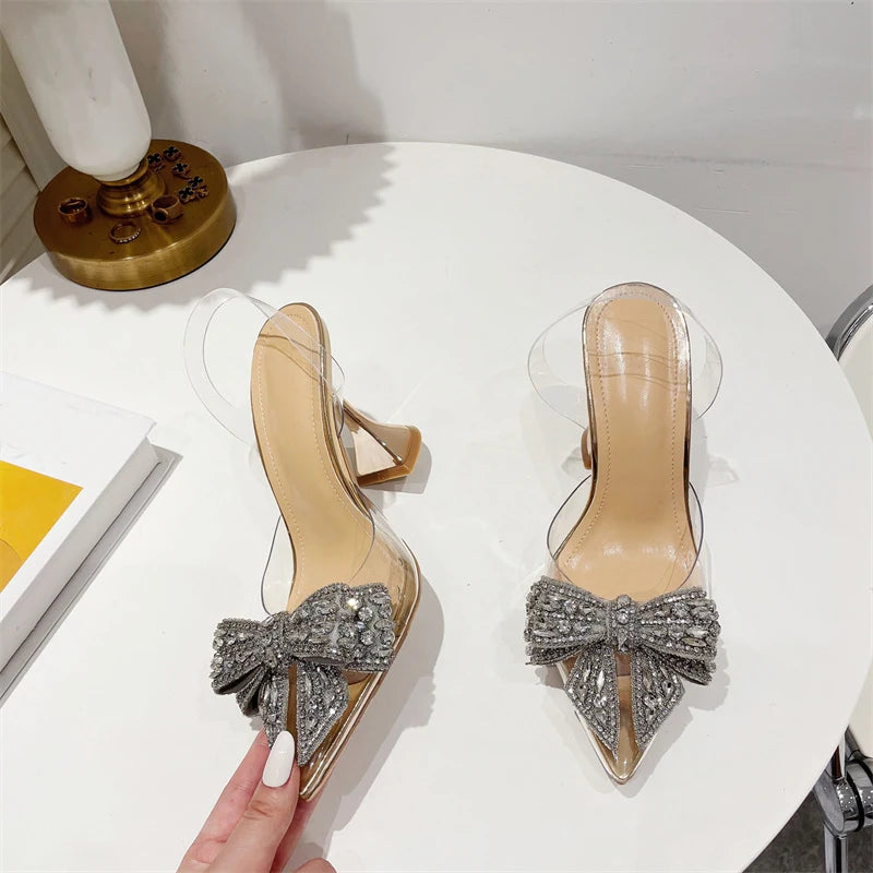 Sparkling Bow Transparent Stiletto Heels – Glamorous Evening Shoes