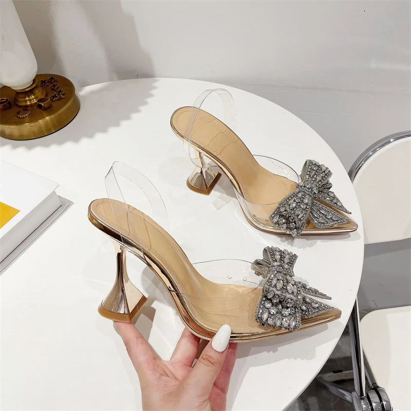 Sparkling Bow Transparent Stiletto Heels – Glamorous Evening Shoes