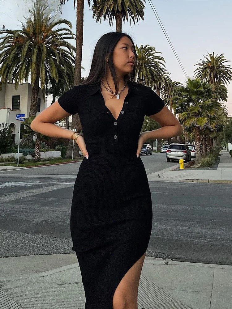 Chic Black Polo Midi Dress – Effortless Fit, Elegant Mood