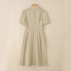 Pleated Midi Dress for Women – Elegant Office Style with Notched Collar