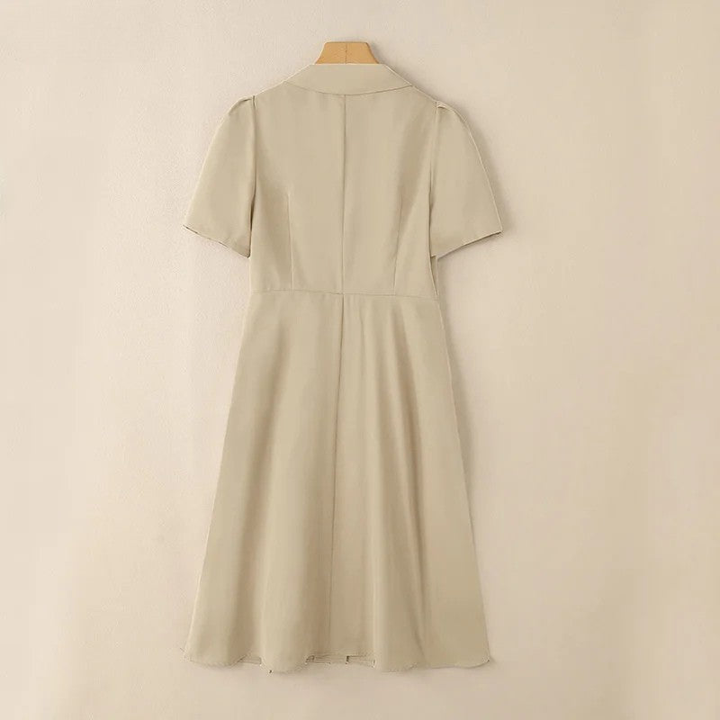 Pleated Midi Dress for Women – Elegant Office Style with Notched Collar