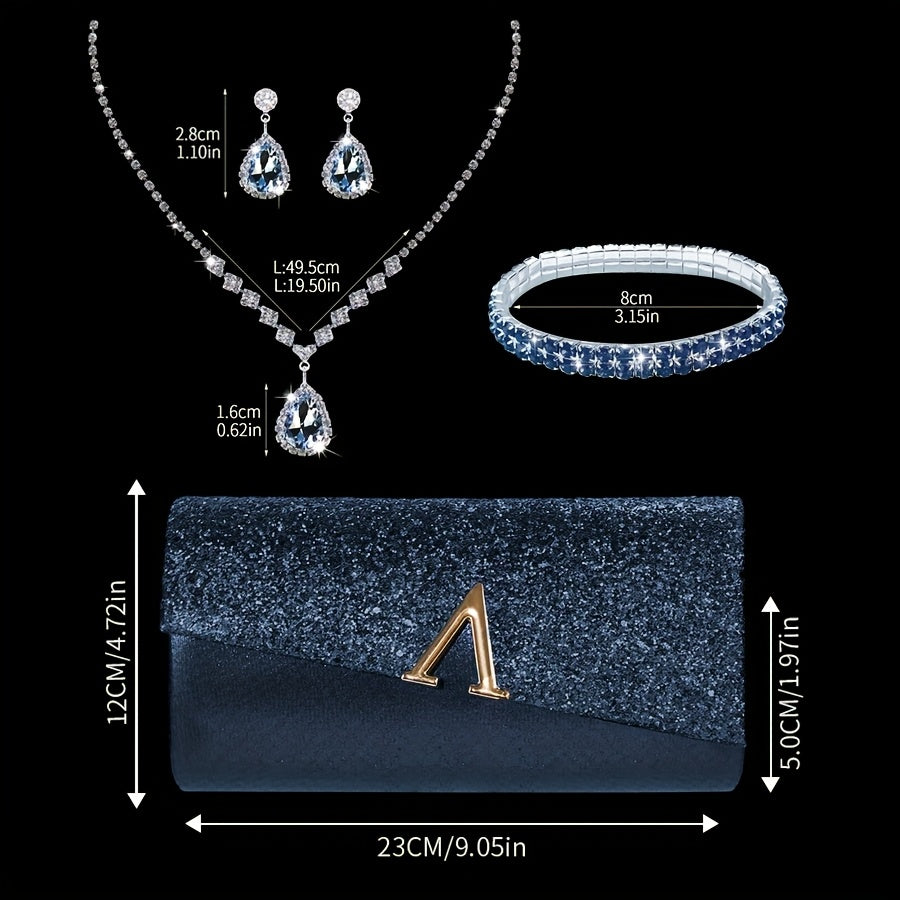 Blue & Gold Luxury Jewellery & Clutch Set – Necklace, Earrings, Bracelet & Evening Bag