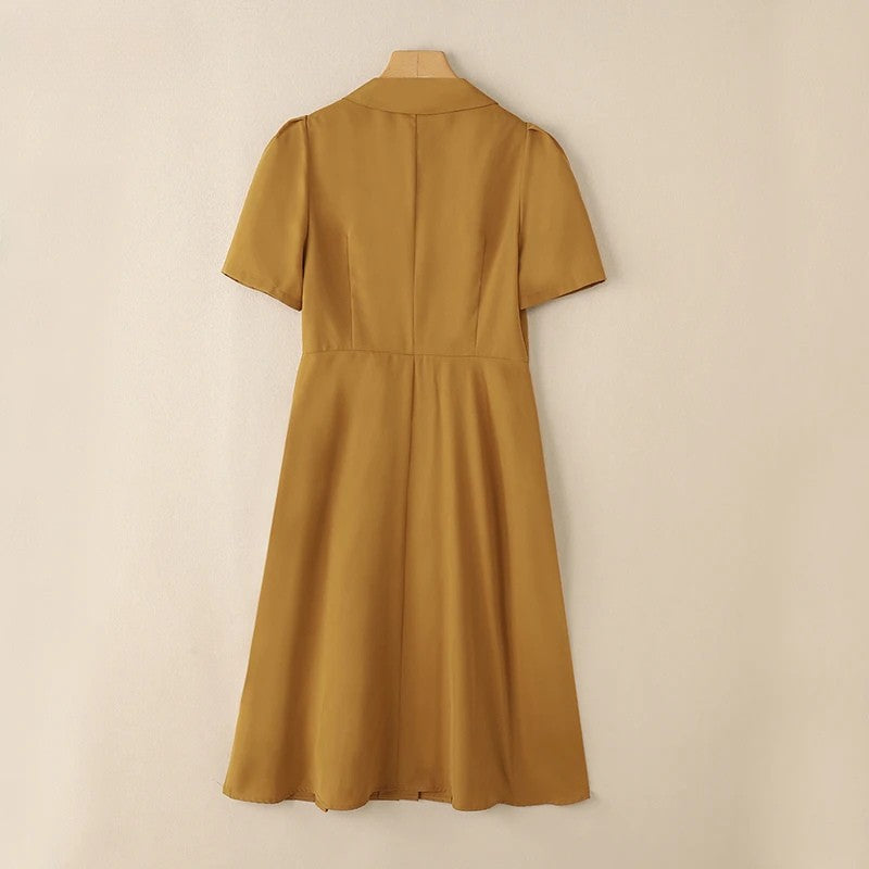 Pleated Midi Dress for Women – Elegant Office Style with Notched Collar